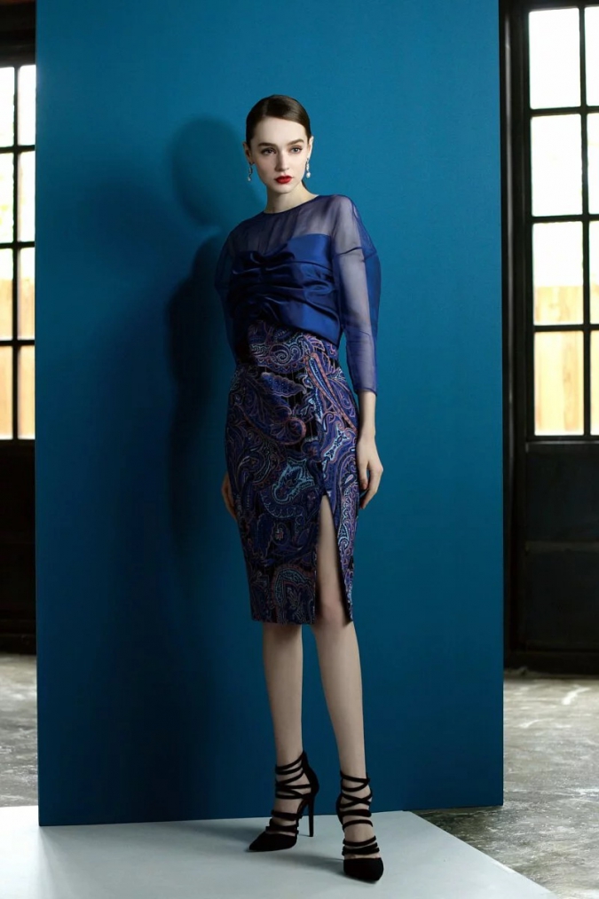藍綢緞拼接藍紫印花裙 / 薄紗長袖洋裝