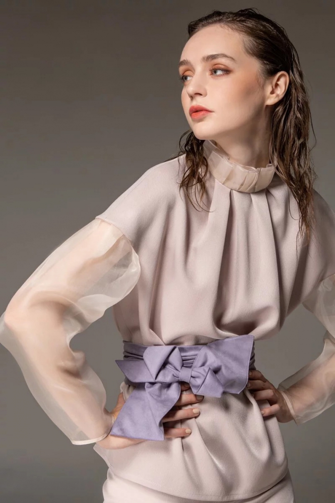 藕粉縐褶立領上衣 / 藕粉窄裙 套裝