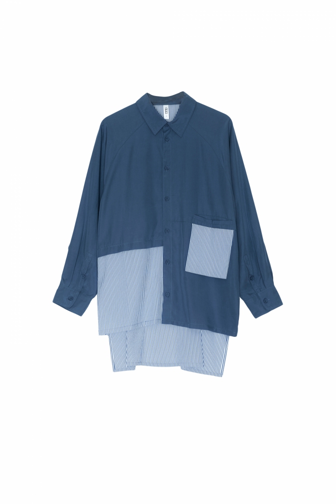 半島風光 條紋拼接連袖長版襯衫/藍